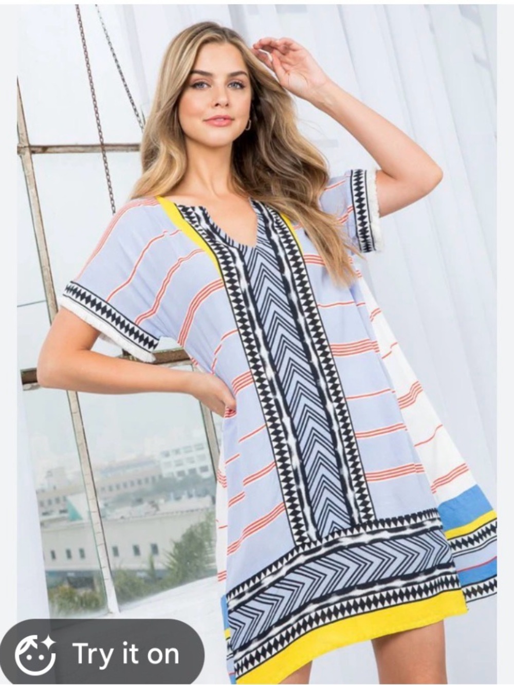 Boho Stripe V-Neck Shift Dress in Light Blue & Yellow Thml Small